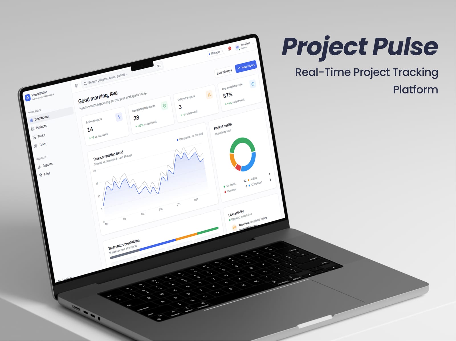 Real-time project tracking with shared status, ownership, and files.